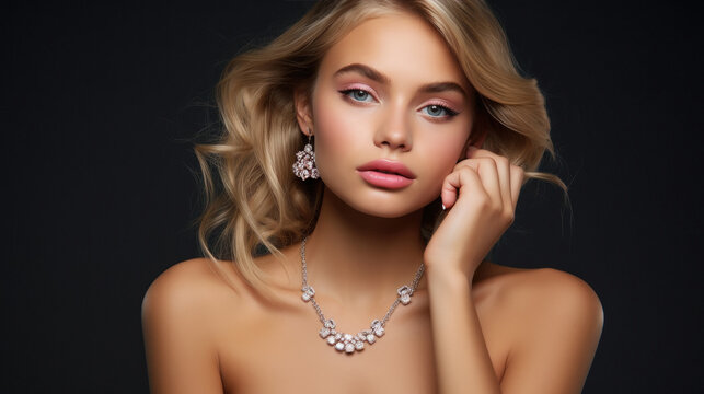 young beautiful woman wearing classic diamond jewelry