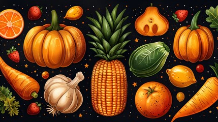 Set of vegetables illustrations. Abstract seamless pattern with icons of carrot, pumpkin, pineapple, corn and orange. Farming and healthy food. Design elements for site. Cartoon flat vector collection