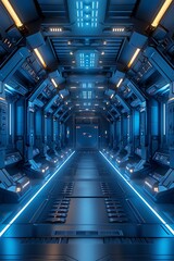 Interior of a sleek futuristic spaceship corridor, glowing blue lights, vanishing point perspective