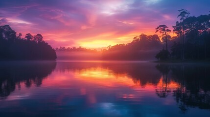 Obraz premium Misty Sunrise Over a Tranquil Lake