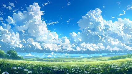 The Blue Sky And White Clouds with green land