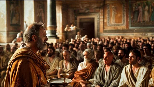 Ancient philosophers speaking to audience in a historical setting
