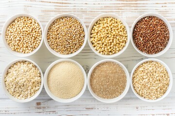 Assortment of whole grains in bowls on rustic wooden background