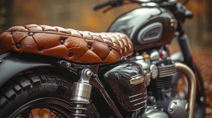 Close-up of a classic motorcycle's leather saddle and chromed exhaust pipes, highlighting the...