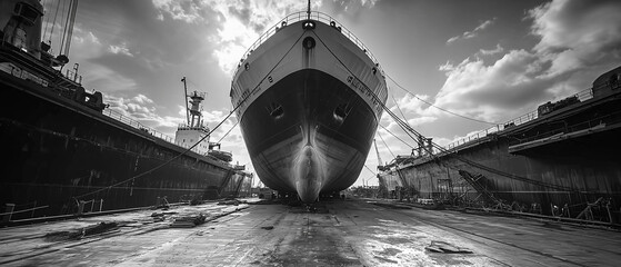 Monochrome image of a large vessel in dry dock, backlit by a setting sun, with industrial cranes in the background.