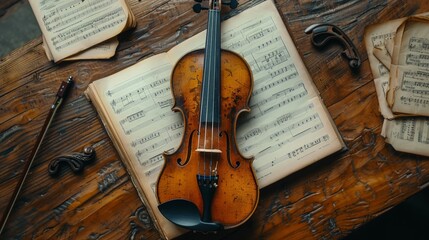 Violin and Sheet Music on Wooden Surface