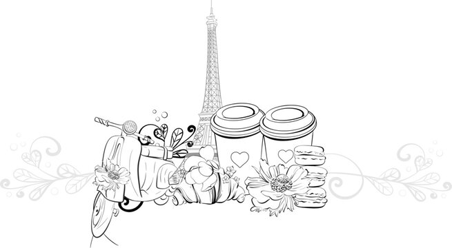 Vector border Eiffel tower and scooter illustration. Vintage motorbike in romantic style. Paris travel love vacation. Black silhouette for circuit