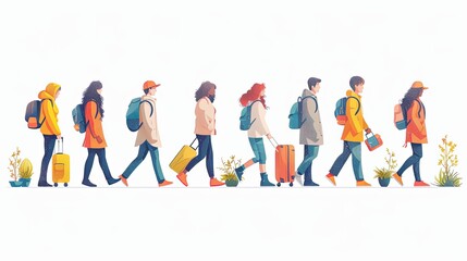 Fototapeta premium Set of tourists and travelers and airport illustrations, flat vector illustration of tourists dragging luggage, traveler, airport, airport management, tourist dragging luggage, suitcase