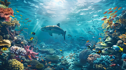 Fototapeta premium Underwater Paradise: Illustration of a Shark Swimming in a Vibrant Coral Reef