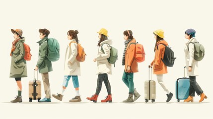 Set of tourists and travelers and airport illustrations, flat vector illustration of tourists dragging luggage, traveler, airport, airport management, tourist dragging luggage, suitcase