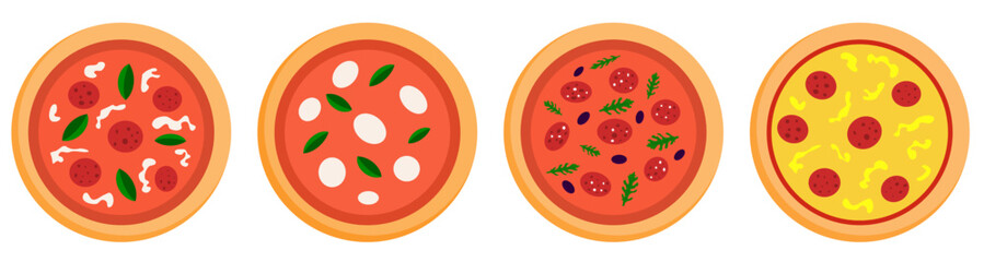 Vector illustration of set of four pizzas with mozzarella, pepperoni, cheese, basil, arugula, olives and cheese isolated on white background. Italian classic traditional food, fast food