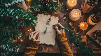 Cozy Winter Scene with Person Writing in Notebook Surrounded by Pine Branches and Candles, Photography