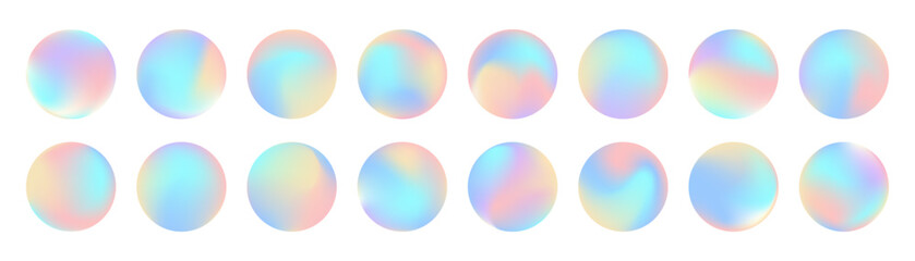 Cute vector retro y2k style hologram circles, labels, foil tags, stamps. Round 3d holo badges collection. Rainbow spectrum texture shiny mockups. Autistic spectrum neon iridescent holographic icons