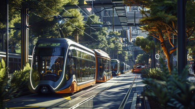 Futuristic Urban Transit with Solar Powered Buses and Trains in a Vibrant, Green City Environment - Powered by Adobe