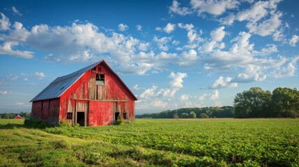 Obraz premium Red Barn Against a Blue Sky with Puffy Clouds