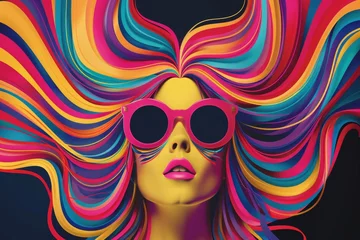 Colorful abstract portrait of stylish young woman with wavy hair and sunglasses © volga