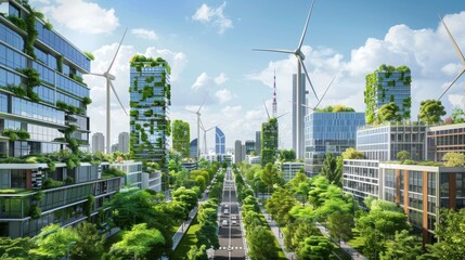 Innovative Smart City Concept with Renewable Energy Sources, Solar Panels, and Wind Turbines