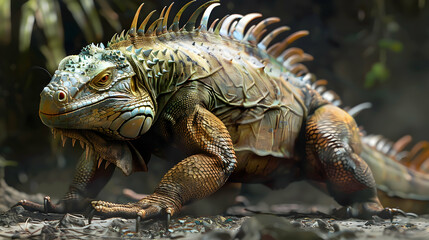 Fototapeta premium Green Iguana Lizard with Spikes on its Back - Realistic 3D Image