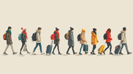 Set of tourists and travelers and airport illustrations, flat vector illustration of tourists dragging luggage, traveler, airport, airport management, tourist dragging luggage, suitcase