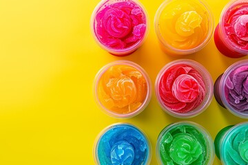 Vibrant multicolored slime on a bright yellow background
