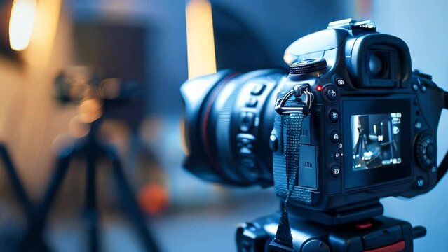 A DSLR camera in front of a blurred photo studio