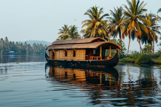  houseboat floats on serene backwaters surrounded by lush palm trees in Alappuzha, Kerala