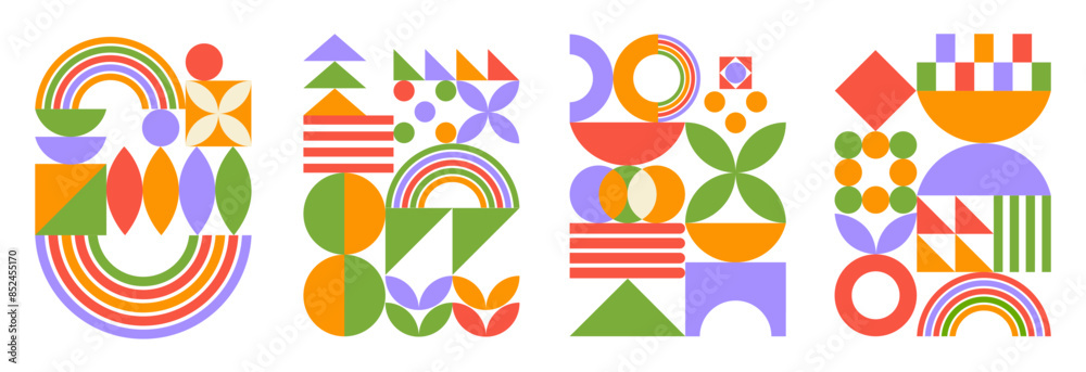 Poster abstract set of colorful geometric elements. trendy minimalistic artistic print. modern design on wh