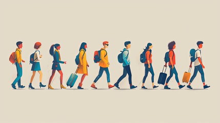 Set of tourists and travelers and airport illustrations, flat vector illustration of tourists dragging luggage, traveler, airport, airport management, tourist dragging luggage, suitcase