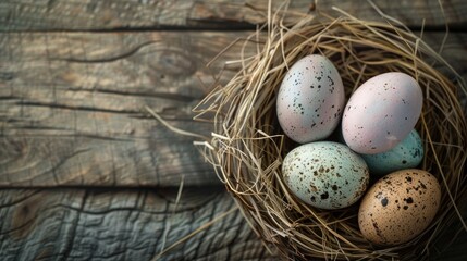 Obraz premium Vintage styled Easter eggs nestled in a wooden background