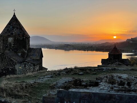 Serene Sunset at Lake Sevan with Cathedral, Armenia