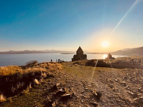 Sunset at Lake Sevan with Cathedral, Armenia