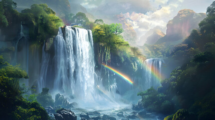 Waterfall and Rainbow in Lush Green Valley Illustration
