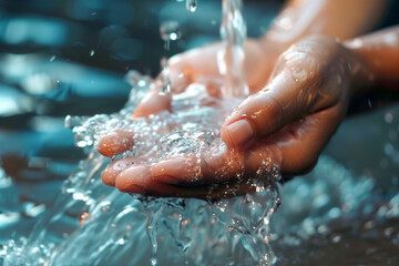 Fototapeta premium Close up of hands holding clean water for environmental conservation concept. Generative AI