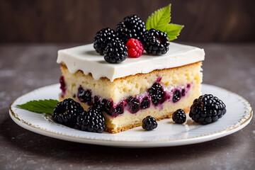 Cross-section of berry biscuit. Cake with cream cheese mousse and blackberry puree. Generative AI
