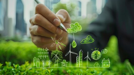 Businessman thinking of Energy saving Ecology and Environment concept,Icon representing the sustainable development on renewable energy ecological on green energy concept.