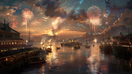 Fireworks over Harbor at Sunset - Digital Illustration