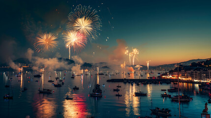 Nighttime Fireworks Display Over Harbor with Boats and City Lights Photo