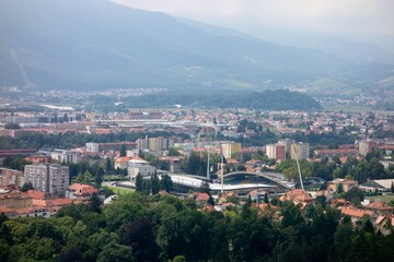 Fototapeta premium Landscape of Slovenia city Maribor with buildings, football stadium
