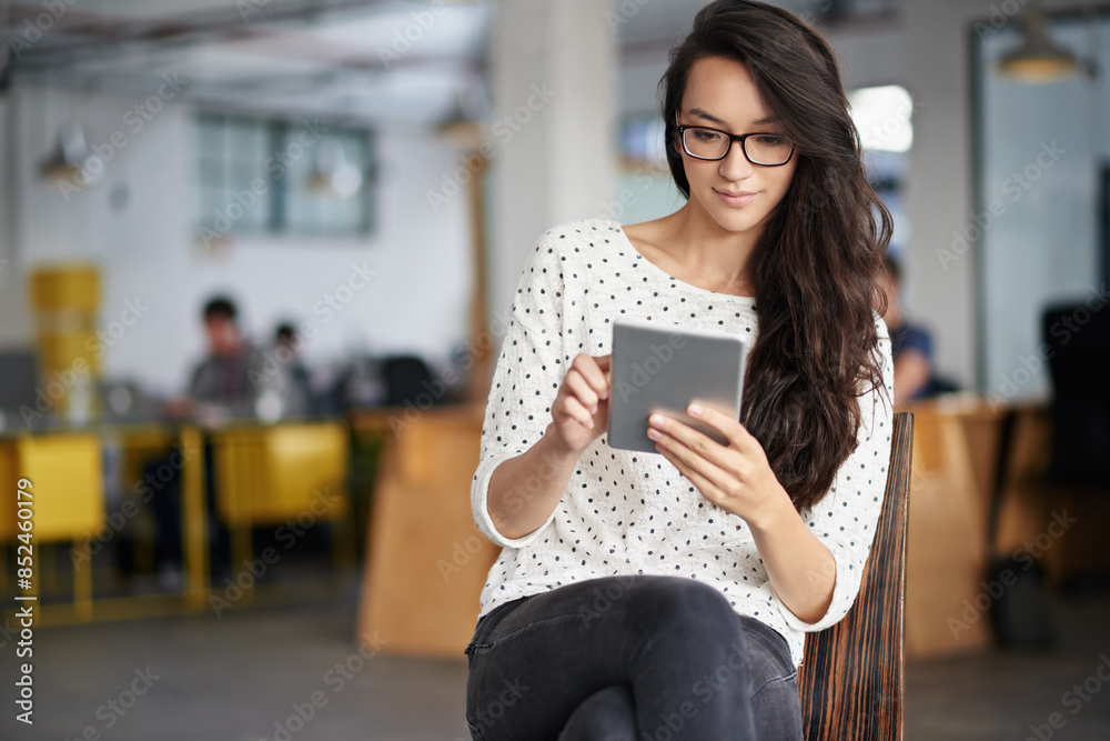 Poster woman, office and chair with tablet in open space for break on internet or online for research as gr