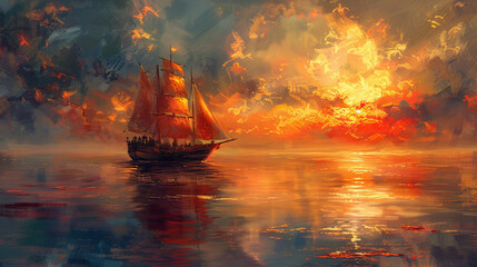 Fototapeta premium the ghost ship is travelling in the sea .