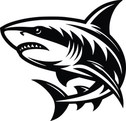 Naklejka premium modern and simple shark silhouette, a negatively spaced shark in black color icon vector temple, export wild shark 