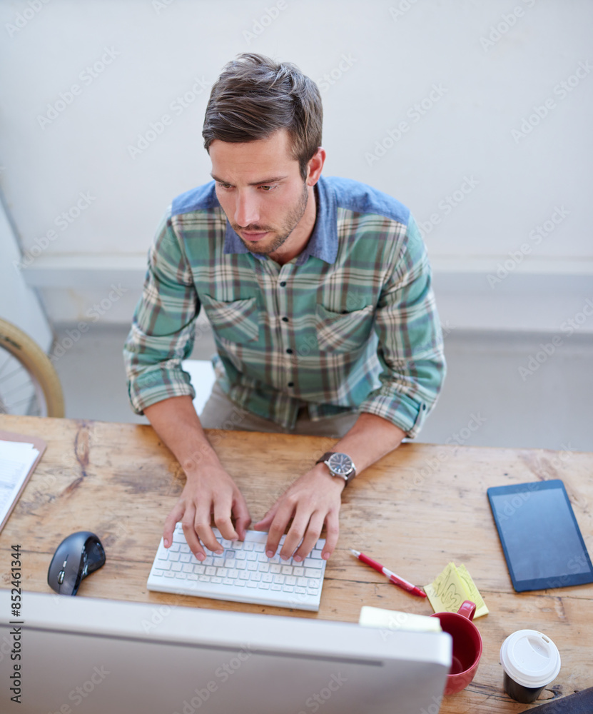 Poster Startup, top view or man on computer for information technology, problem solving or online firewall. Technician, cybersecurity upgrade or web developer typing on keyboard for troubleshooting solution