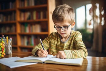 little kid boy with glasses at home making homework, writing and learning.
