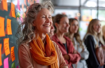 Obraz premium Women in their thirties and an older woman laughing, brainstorming around a glass board with notes