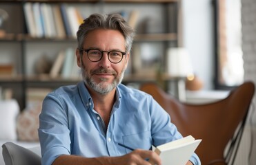 Smiling middle aged male therapist in blue shirt with glasses, holding notebook, sitting in modern home office