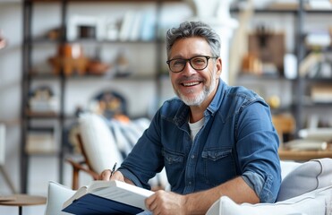 Fototapeta premium Smiling middle aged male therapist in blue shirt with glasses, holding notebook, sitting in modern home office