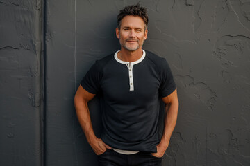 Obraz premium Casual portrait of a confident man in a black shirt smiling and standing with hands in pockets against a textured gray wall. 