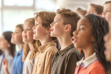 Obraz premium A diverse group of school children sing together in a classroom