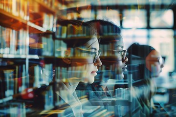 Obraz premium A double exposure image of people in a library, with bookshelves and knowledge reflected in their faces.