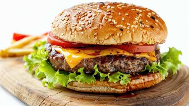 Cheeseburger on a wooden board against a white background